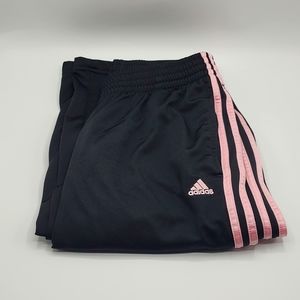 Adidas Drawstring Workout Pants, Black with Pink Adidas Stripes, Size Large